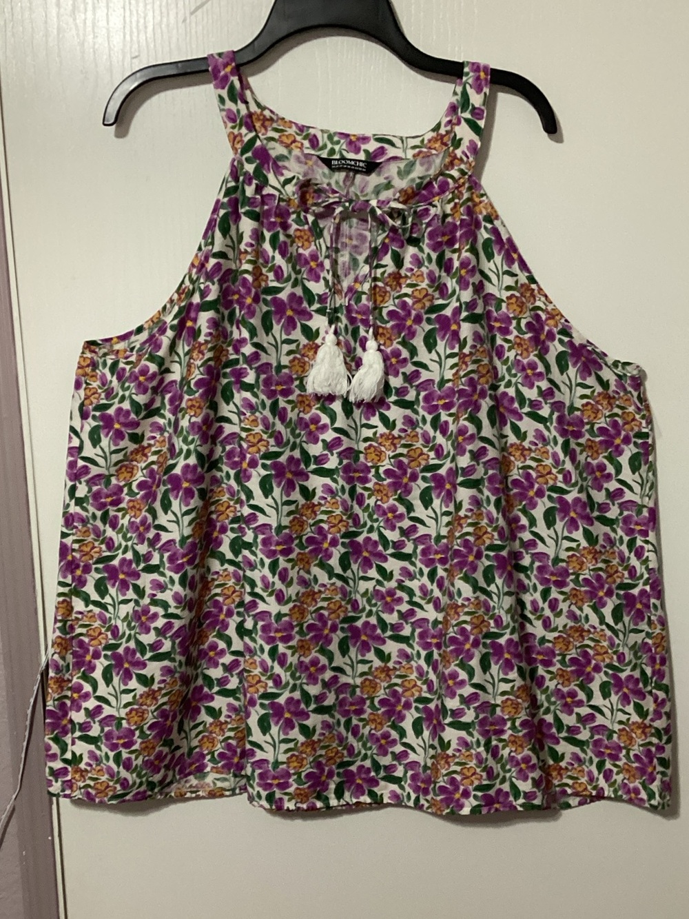 BloomChic White Halter Camisole with Purple & Green Floral Print